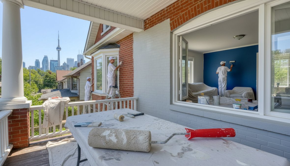 A professional painter in white work clothes using a roller to apply a smooth coat of light grey paint on an interior wall, with blue painter's tape protecting the trim and drop cloths covering hardwood floors in a bright Toronto home