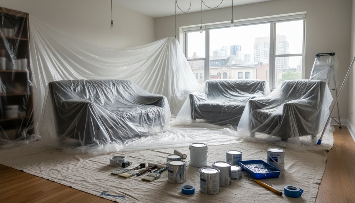 A homeowner moving a large sofa away from a wall and covering it with clear plastic sheeting in a living room, preparing the space before professional painters arrive, warm afternoon light coming through windows