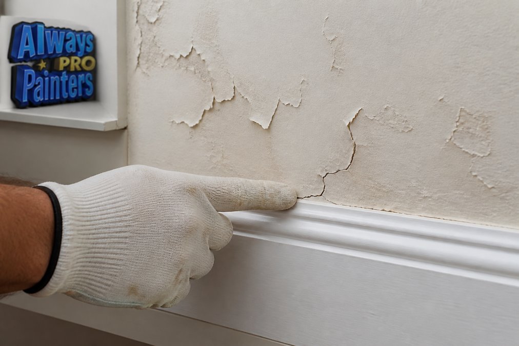 Close-up of a wall showing peeling paint and visible surface defects, with a painter's gloved hand pointing to a crack near trim work, under bright indoor lighting against white baseboard