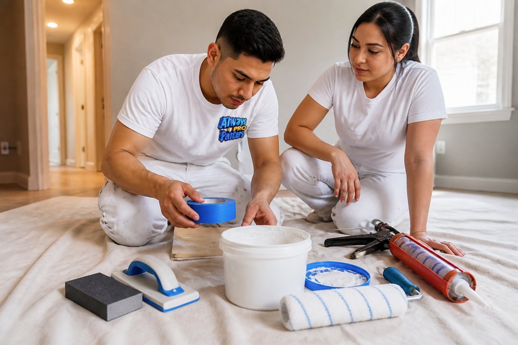 A professional painter's workstation laid out neatly on a canvas drop cloth showing sanding blocks, painter's tape, a caulking gun, drywall patching compound, and a priming roller arranged before a job starts, photographed in a bright residential room