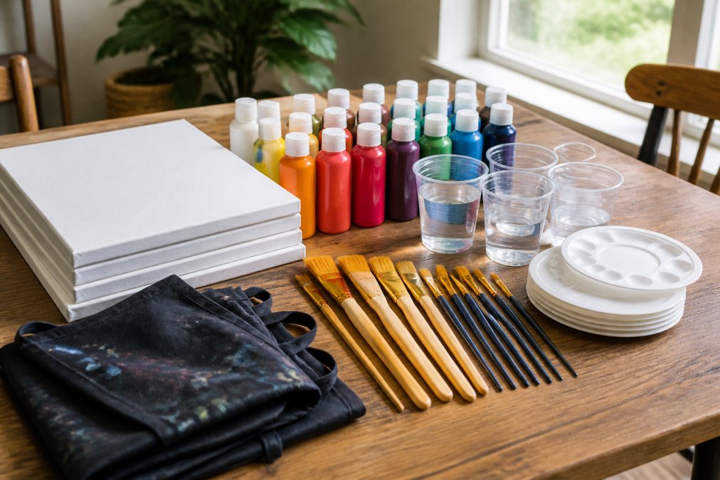 Checklist infographic of essential supplies for painting event planning featuring canvases, paints, and brushes.