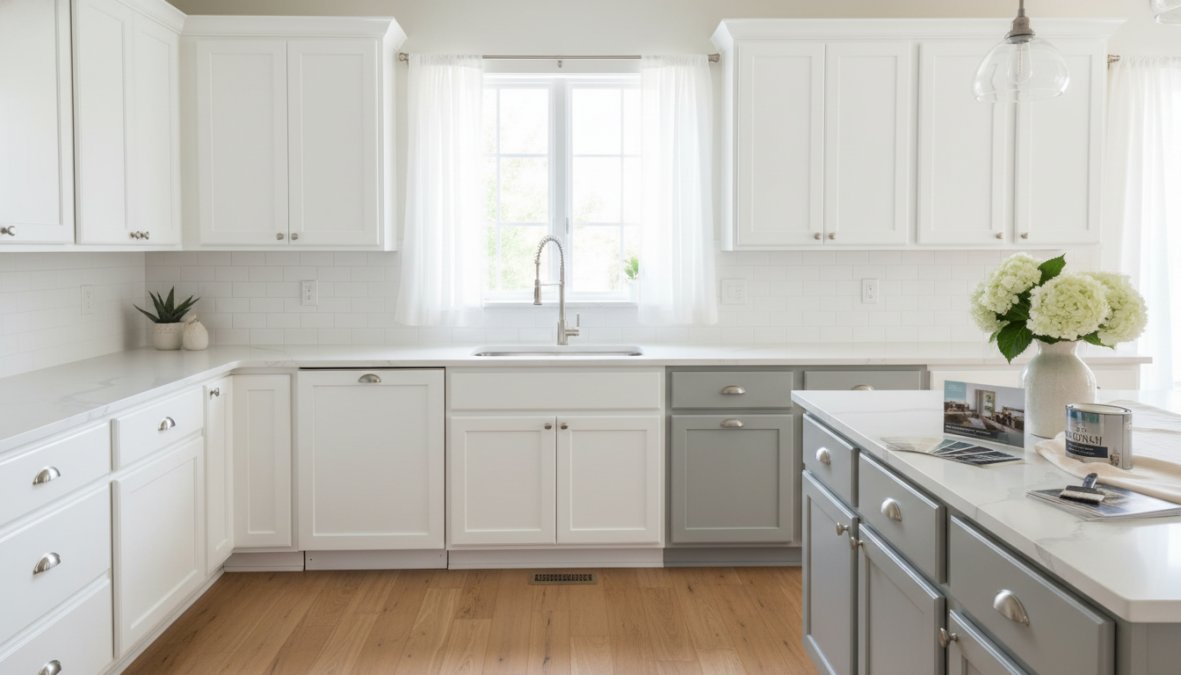 A bright, modern kitchen with freshly painted white shaker cabinets, brushed nickel hardware, light gray quartz countertops, and natural light streaming through a window above the sink, staged for a home sale