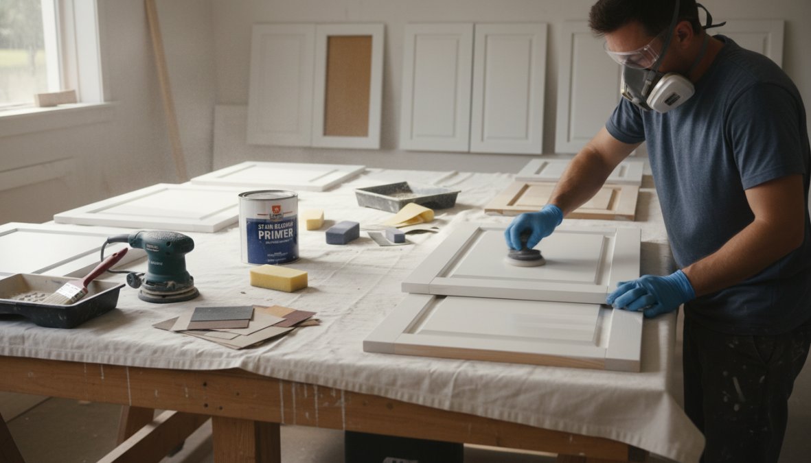 A professional painter in protective gear carefully sanding a kitchen cabinet door laid flat on a workbench in a well-lit garage workshop, with primer cans and sanding blocks visible in the background