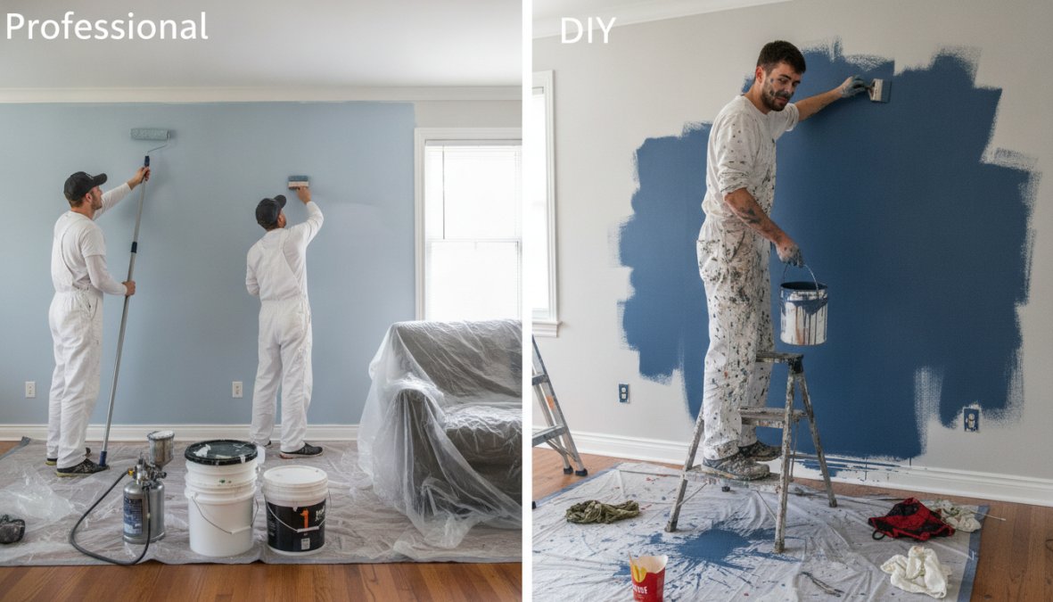 Professional painters applying interior wall paint with precision equipment and protective coverings in a residential room with natural lighting