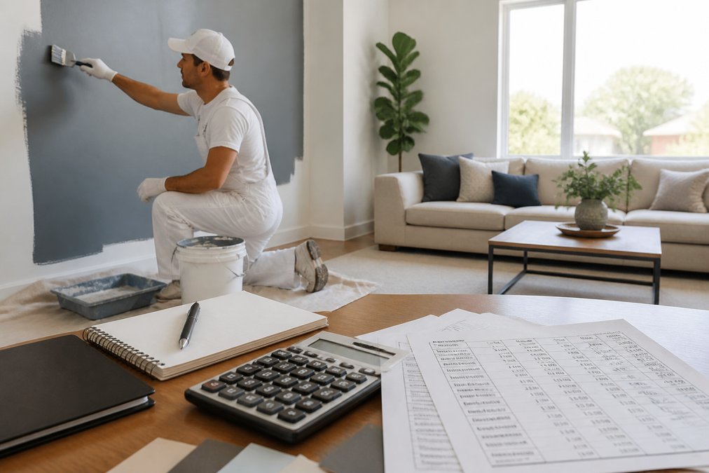 Professional painter carefully applying fresh interior paint to living room wall with precision technique, using quality brush and drop cloths, natural daylight illuminating the workspace