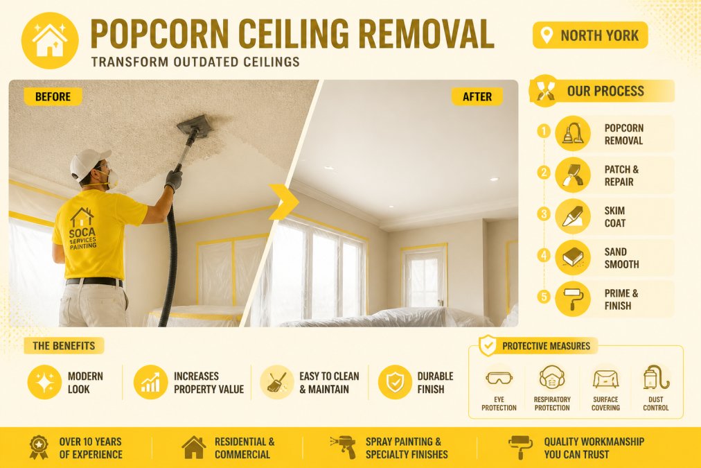 Room transformation showing popcorn ceiling being professionally removed and replaced with smooth, modern drywall finish, contractor using specialized tools with careful technique and protective measures in place