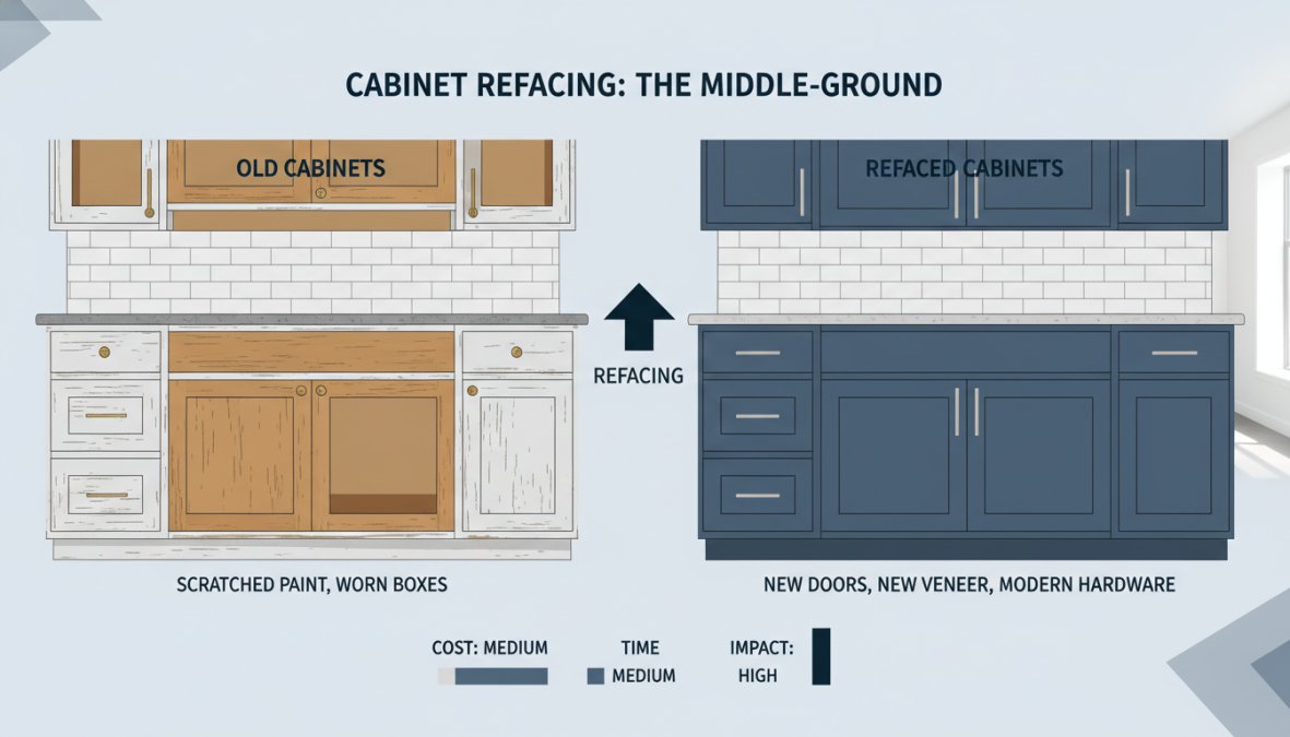 Side-by-side view of a kitchen showing old worn cabinet boxes with scratched paint on the left and freshly refaced shaker-style cabinet doors with brushed nickel hardware installed on the right, in a bright modern Denver home kitchen with white subway tile backsplash