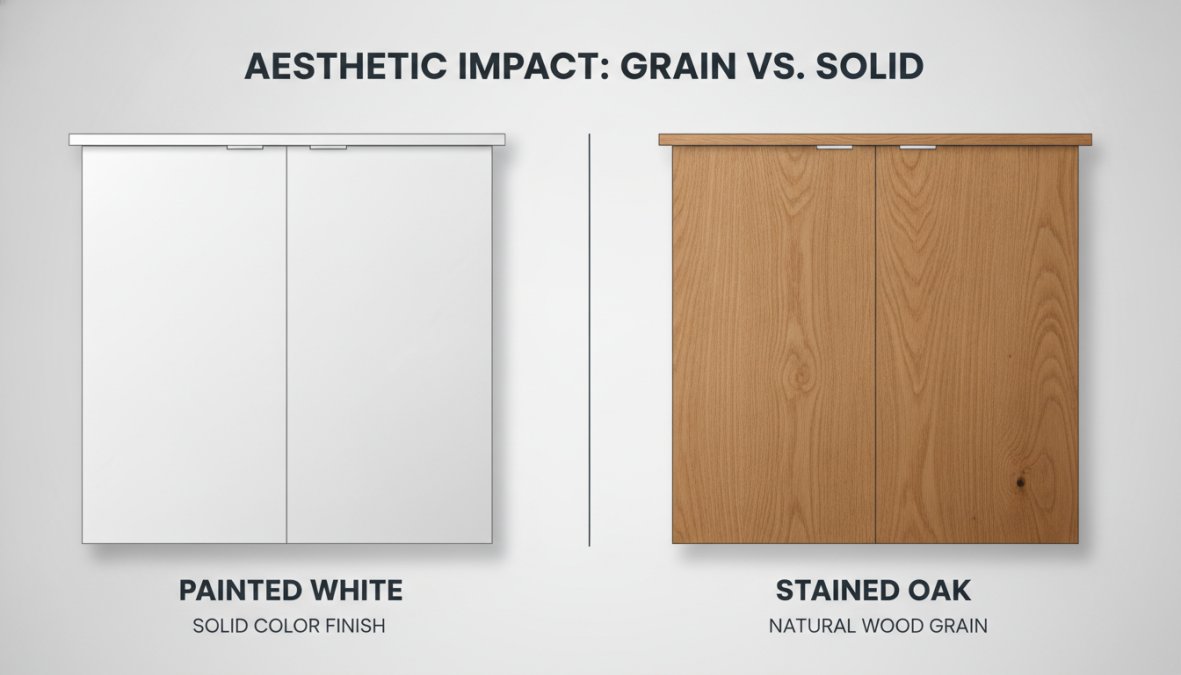 Side-by-side view of modern kitchen cabinets showing painted white cabinets with solid finish next to stained oak cabinets displaying warm wood grain and natural wood character