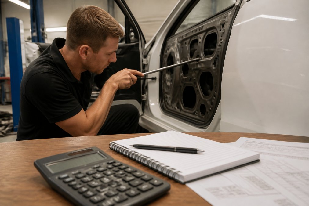 Close-up of a PDR technician using a specialized rod tool to work behind a car door panel, focused expression, workshop lighting