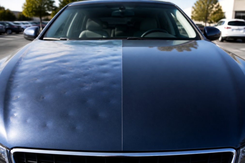 Car hood with a visible hail dent on one half and a fully restored smooth finish on the other half, photographed under natural daylight in a parking lot