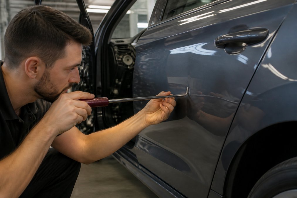 Professional PDR technician using specialized metal reshaping tools on a car door panel, demonstrating precision use and access points in a well-lit workshop