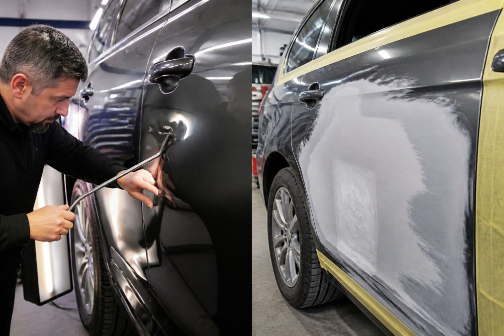 Professional technician using specialized PDR tools to carefully reshape a vehicle's door panel from behind, with precision hand positioning and concentrated focus in a well-lit workshop