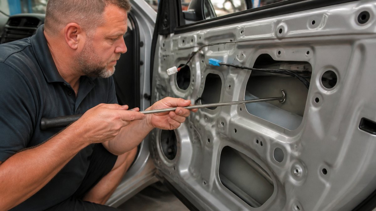Professional technician using specialized metal rods and use tools to carefully work on a vehicle door panel from the interior, showing precision technique and concentration
