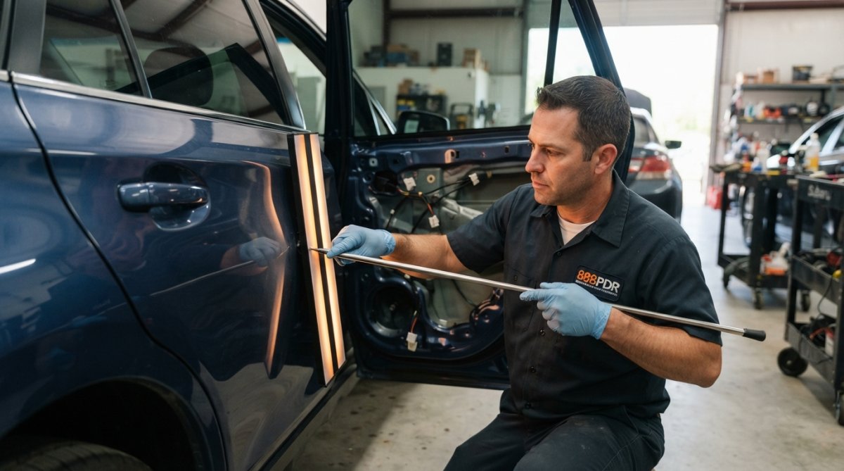 Professional technician using specialized metal rods and precision tools to carefully massage a hail dent out of a vehicle door panel from the interior side, demonstrating the metal memory technique with focused hand positioning