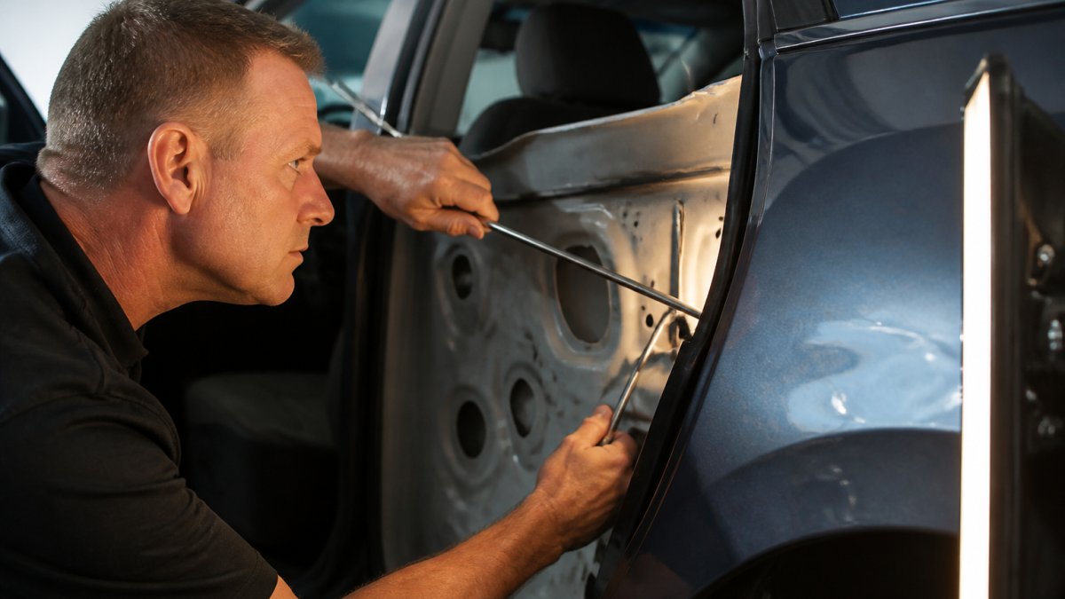 Professional technician using specialized metal rods and tools to carefully massage a dent out of a vehicle panel from the interior side, with focused work lighting showing precision hand movements