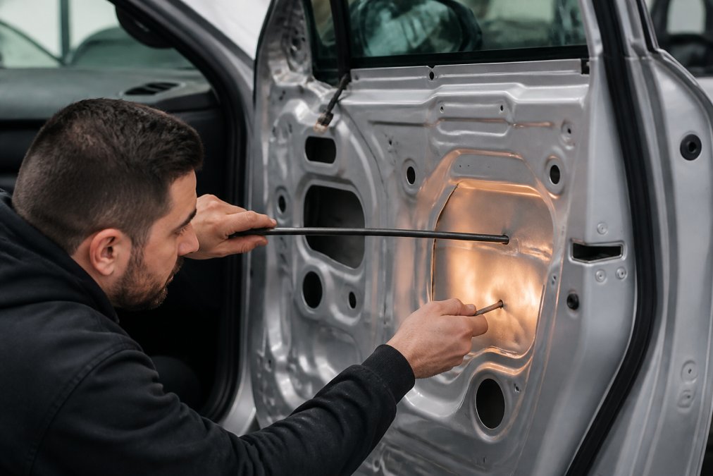 Professional PDR technician using specialized rods and hooks to massage a dent out of a car door panel from behind, showing metal memory technique with focused lighting on the work area