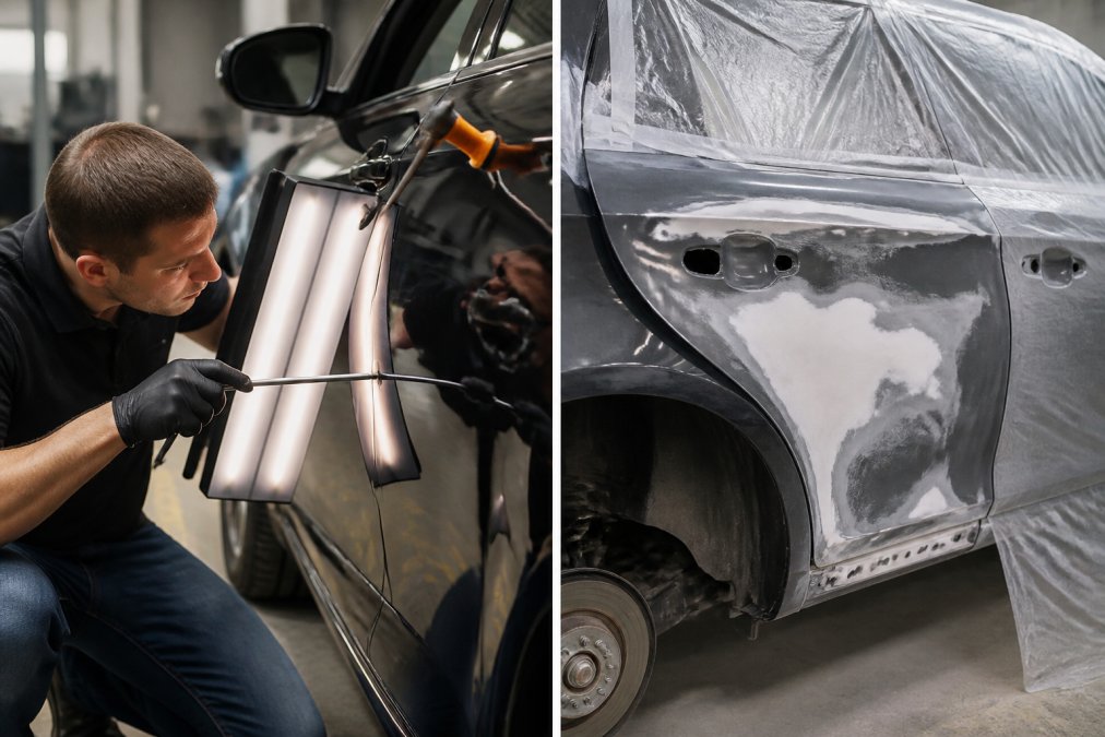 Close-up of a certified technician using specialized PDR rods and a dent light to gently massage a hail dent out of a car door panel, with the vehicle's factory finish fully intact and a clean shop environment visible behind