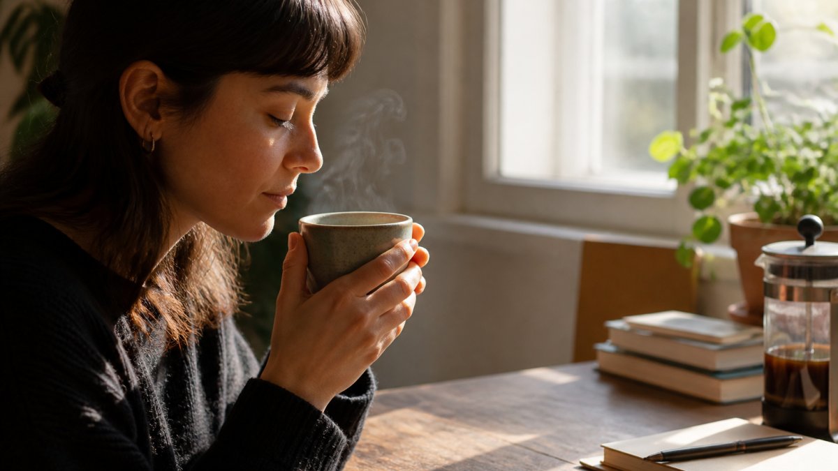 Close-up of hands holding a warm ceramic coffee cup with steam rising gently, person pausing to observe the aroma before sipping, peaceful morning light streaming through a window
