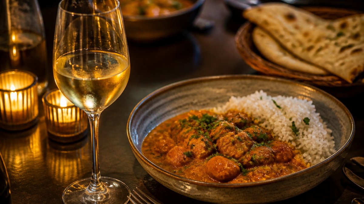 A table setting with a chilled glass of pale gold non-alcoholic wine beside a plate of fragrant Indian curry with rice, warm candlelight reflecting off the glass