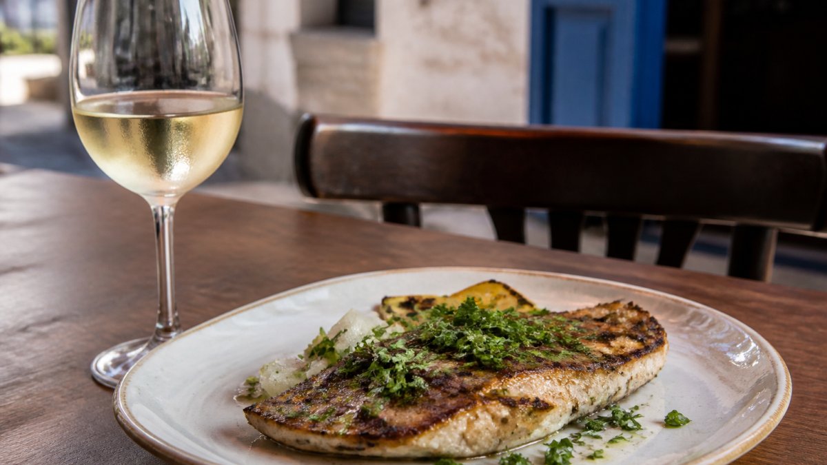 Grilled fish fillet with charred edges and fresh herb garnish alongside a glass of crisp white wine on a restaurant table with natural lighting
