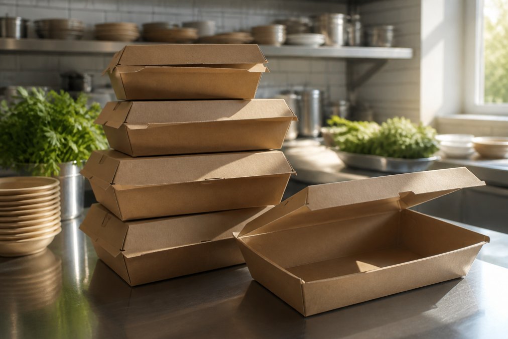 Close-up of stacked compostable takeaway containers and food packaging made from plant-based materials, displayed in a commercial kitchen with natural sunlight streaming across the boxes