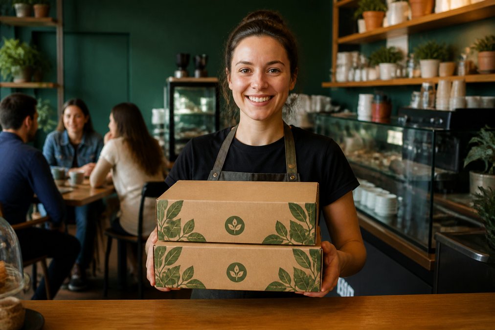 Cafe owner holding branded compostable takeaway boxes with custom logo and vibrant design, displaying them proudly at a cafe counter with customers in the background