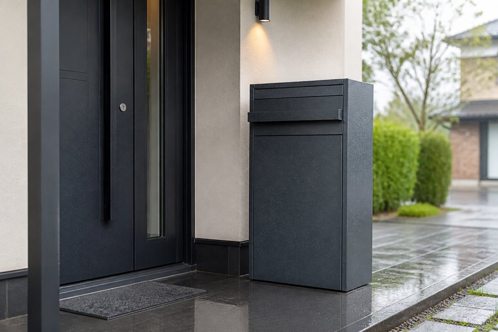 Een vrijstaande, luxe stalen pakketbrievenbus met gepoedercoate grijze afwerking staat naast een moderne voordeur onder een lichte overkapping, met zichtbare regendruppels op de coating en een droge stoep eromheen