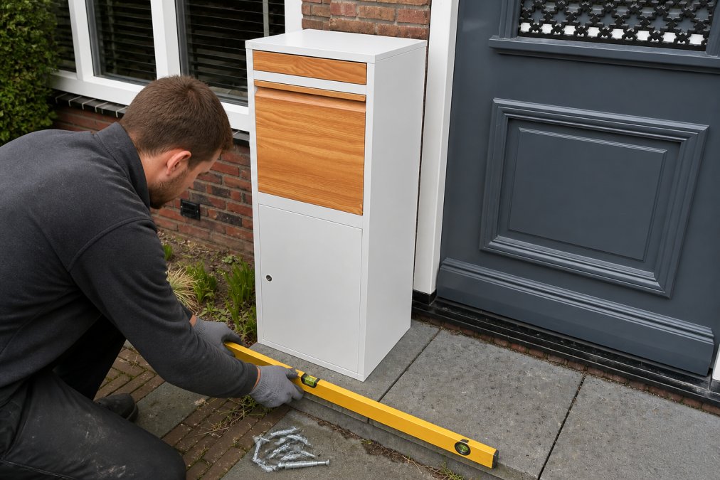 Iemand in werkhandschoenen die een waterpas aanlegt tegen een betonnen ondergrond terwijl pluggen klaarligken voor montage van een pakketbrievenbus