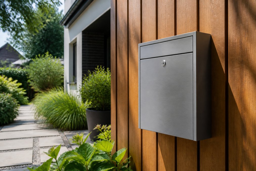 Elegante pakketbrievenbus in gegalvaniseerd staal met cilinderslot, gemonteerd aan de voorkant van een moderne huiswoning met natuurlijke tuinomgeving