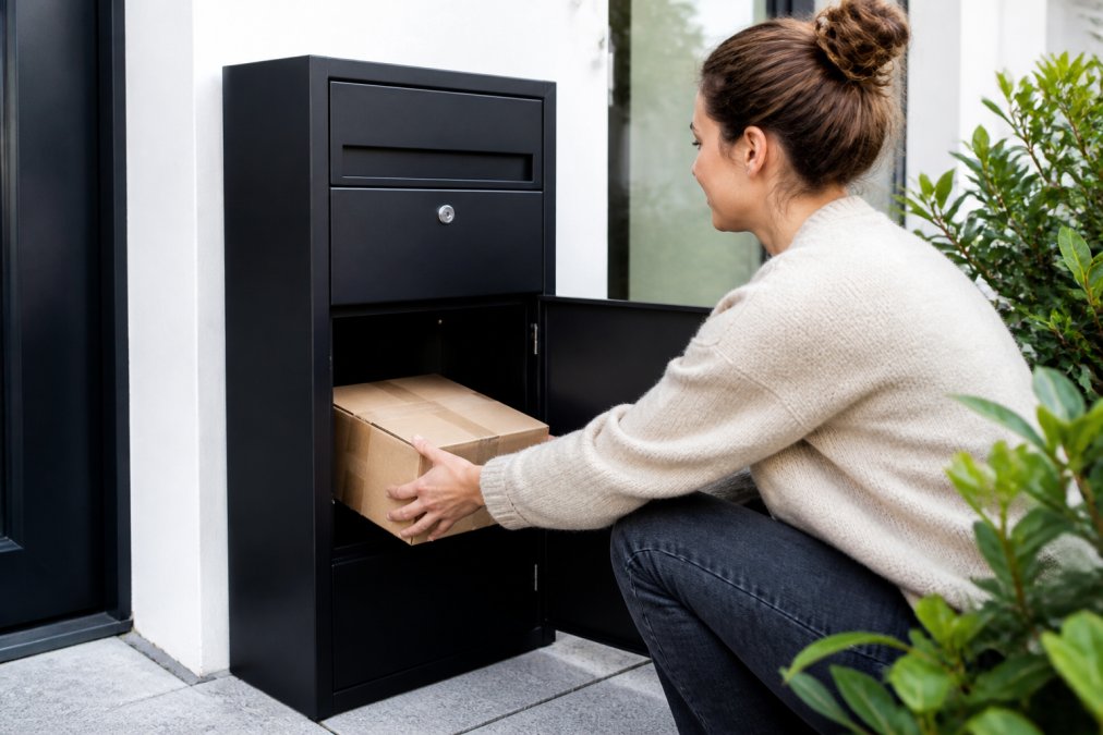 Iemand die een pakket in een luxe pakketbrievenbus plaatst, met zichtbare tweelaagse indeling en stevig slot