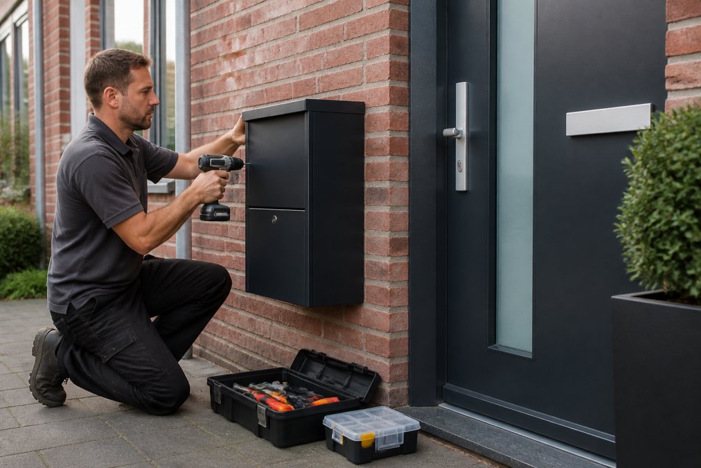 Een persoon monteert een antraciet gepoedercoate pakketbrievenbus aan de muur naast een voordeur van een rijtjeshuis, met gereedschap op de grond