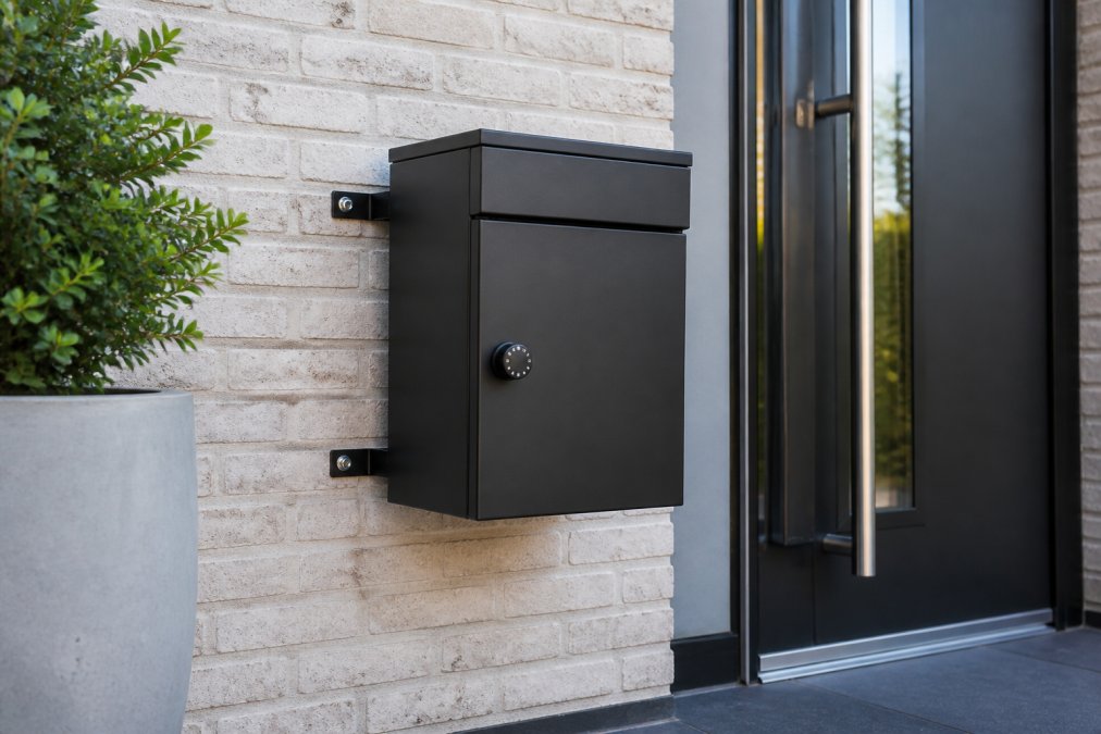 Moderne, stijlvolle pakketbrievenbus bevestigd aan voorgevel van woning met duidelijk zichtbare montagebeugels en stevig slot in natuurlijk daglicht
