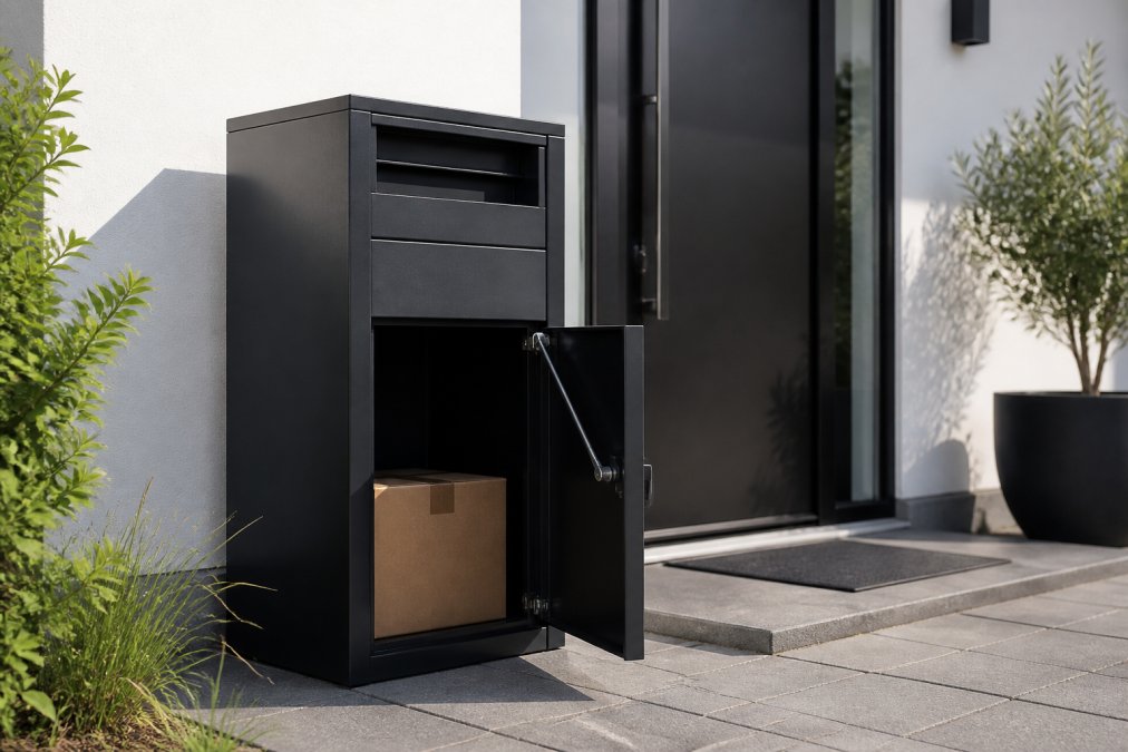 Luxe pakketbrievenbus in designstijl geïntegreerd in een moderne huisvoorgevel, met glanzende gepoedercoat staal afwerking en anti-hengelmechanisme zichtbaar, onder natuurlijk daglicht