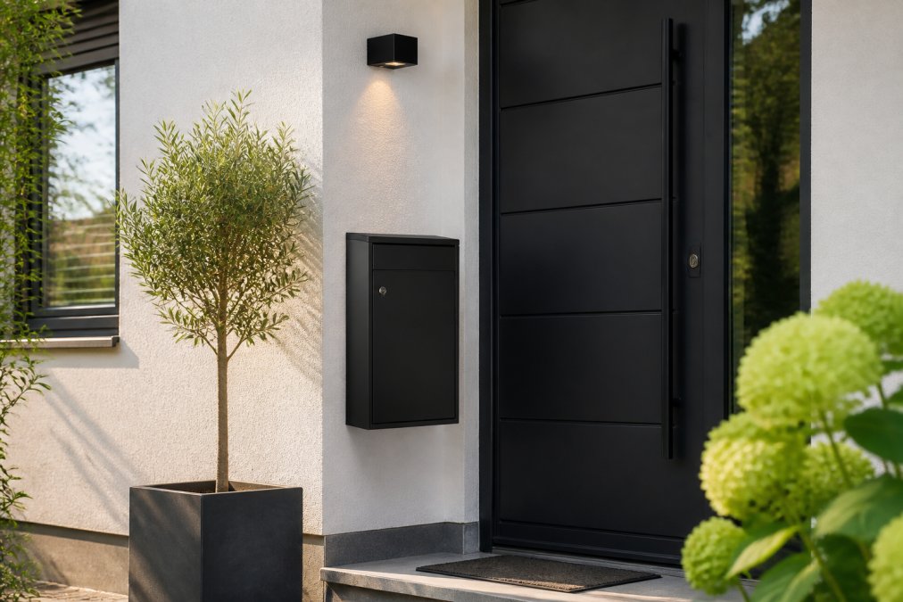 Stijlvolle pakketbrievenbus gemonteerd aan voordeur van modern huis, poedercoating afwerking die elegant contrasteert met voordeur, natuurlijk daglicht op de voorgevel