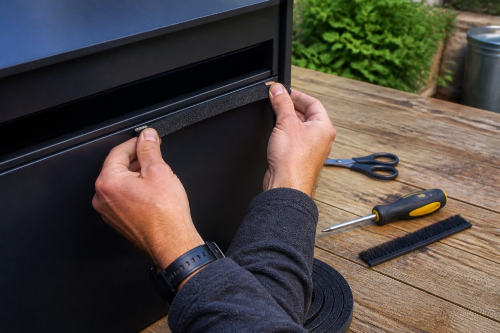 Handen plaatsen een tochtstrip bij de brievenbus om pakketjes beschermen tegen regen, met gereedschap op een houten werkbank.