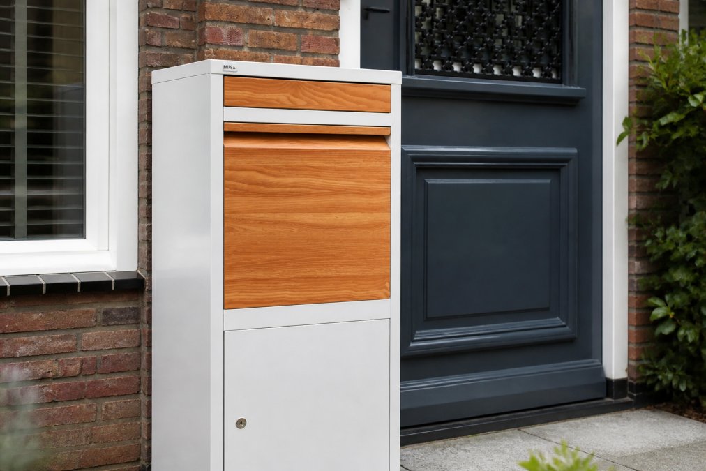 Close-up van een robuuste RVS pakketbrievenbus aan de gevel van een woning, met zichtbare cilinderslot en degelijke constructie in daglicht