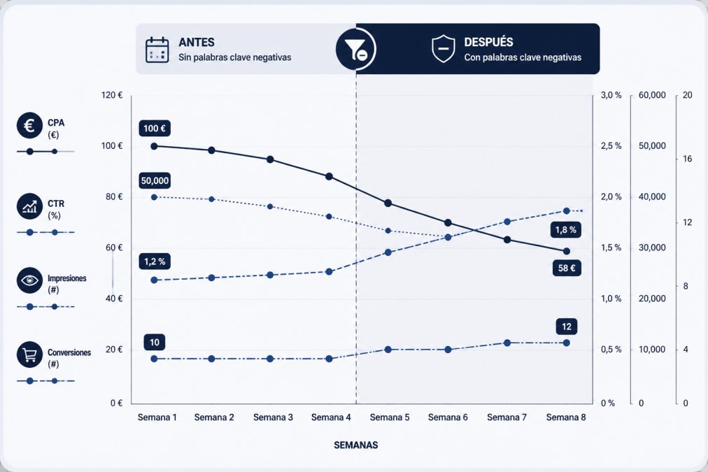 Gráfico de líneas mostrando evolución de métricas antes y después de implementar palabras clave negativas: CPA bajando de 100€ a 58€, CTR mejorando de 1.2% a 1.8%, impresiones reduciéndose de 50,000 a 35,000, conversiones aumentando de 10 a 12. Eje X: semanas (semana 1-8), Eje Y: valores en euros y porcentaje. La línea de CPA baja, la de CTR sube, la de impresiones baja