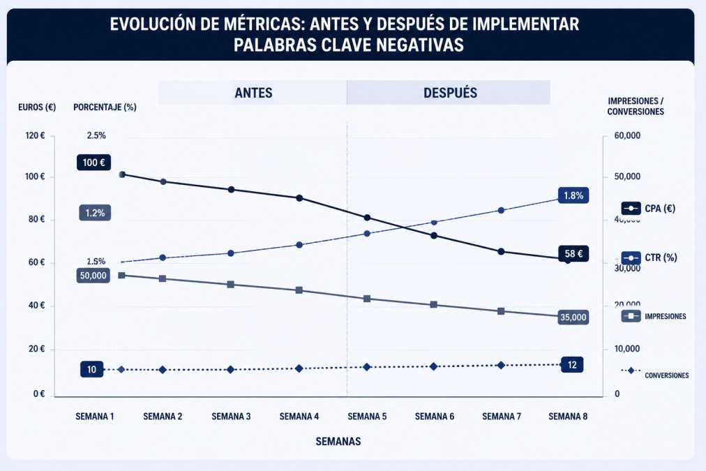 Diagrama comparativo de los tres tipos de concordancia negativa: concordancia amplia (bloquea búsquedas con significado relacionado como "barato", "descuento", "oferta"), concordancia de frase (bloquea búsquedas con la frase exacta en orden como "zapatos para correr baratos" pero no "zapatos de correr de marca"), concordancia exacta (bloquea solo búsquedas idénticas como "zapatos de cuero rojo"). Cada tipo muestra ejemplos de términos bloqueados y permitidos