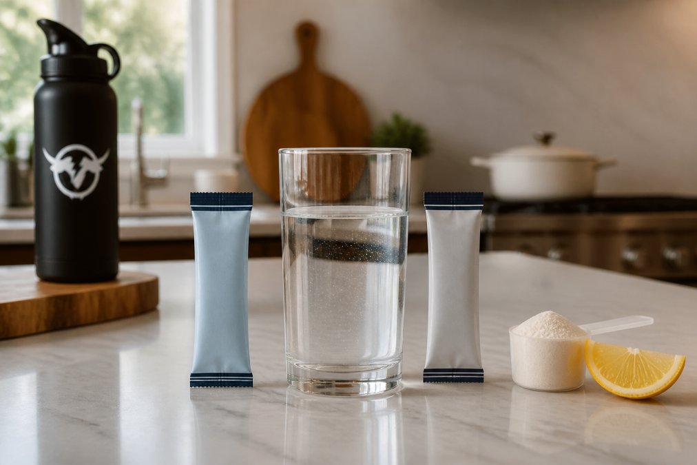 Two electrolyte powder sticks and a glass of water for an electrolyte comparison on a sunny kitchen counter