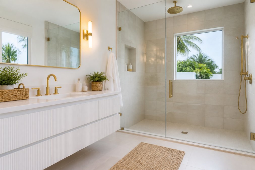 A bright modern coastal bathroom with a floating white vanity, brushed brass hardware, a walk-in shower with large-format tile, natural light from a window, and a woven basket with a small plant on the counter