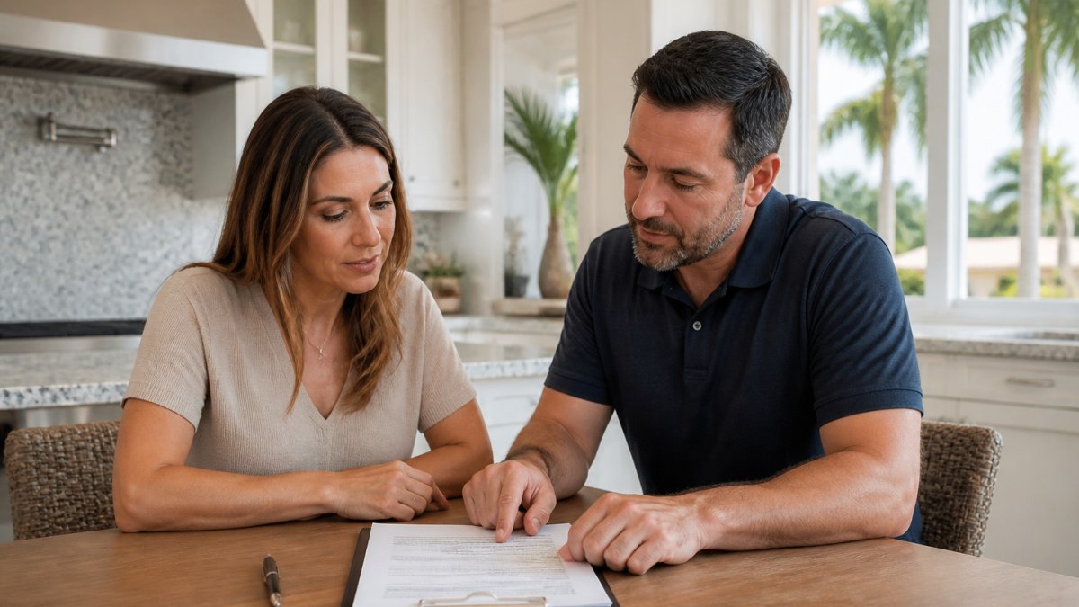 A homeowner and contractor reviewing a written contract at a kitchen table, with a clipboard and pen visible, in a bright Florida home