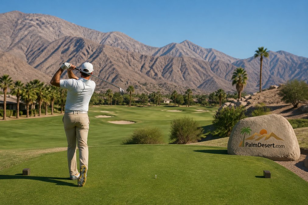 Golfer teeing off on a lush fairway with scenic palm desert mountains in the background under a blue sky