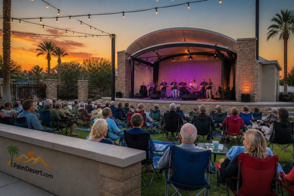 Outdoor amphitheater stage at Civic Center Park with audience seated on lawn during evening performance, string lights overhead, sunset sky