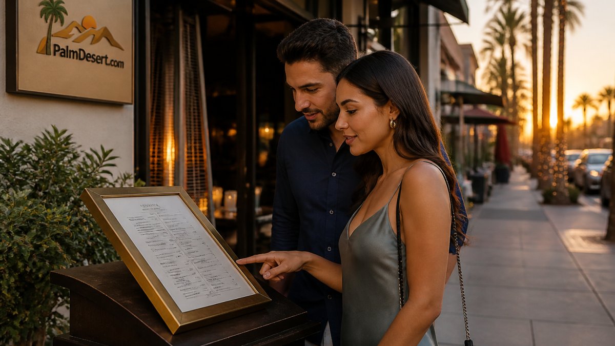 A host stand at a Palm Desert restaurant on El Paseo with a printed Restaurant Week menu displayed in a brass frame, warm evening light on the sidewalk, a couple reviewing the menu