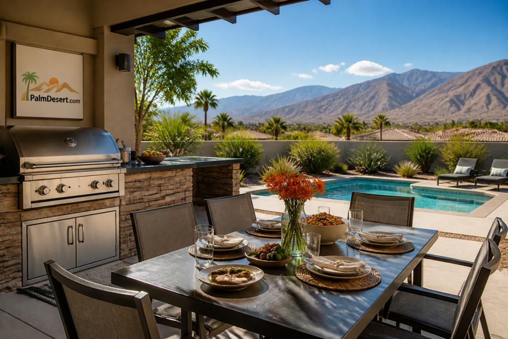 Sunlit patio of a desert vacation home with a built-in BBQ grill, an outdoor dining table set for a meal, and a heated pool in the background under a clear blue sky
