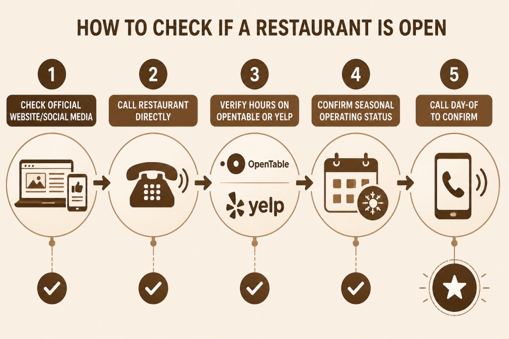 Flowchart showing decision tree: Step 1 - Check official website/social media → Step 2 - Call restaurant directly → Step 3 - Verify hours on OpenTable or Yelp → Step 4 - Confirm seasonal operating status → Step 5 - Call day-of to confirm