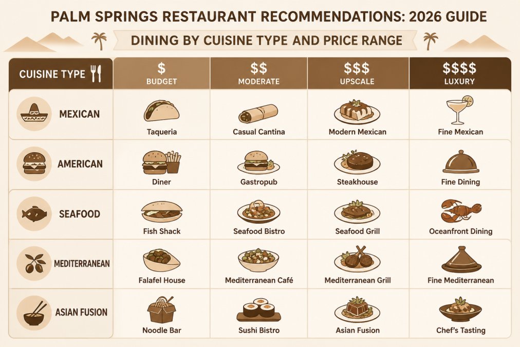 Matrix visualization showing 5 cuisine types (Mexican, American, Seafood, Mediterranean, Asian Fusion) mapped across 4 price ranges ($, $$, $$$, $$$$) with example dining categories in each cell