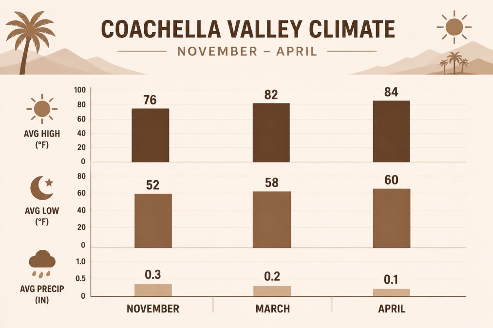 Bar chart comparing monthly climate data for Coachella Valley November through April, showing average high temperatures (76°F November, 82°F March, 84°F April), average low temperatures (52°F November, 58°F March, 60°F April), and average precipitation (0.3 inches November, 0.2 inches March, 0.1 inches April)