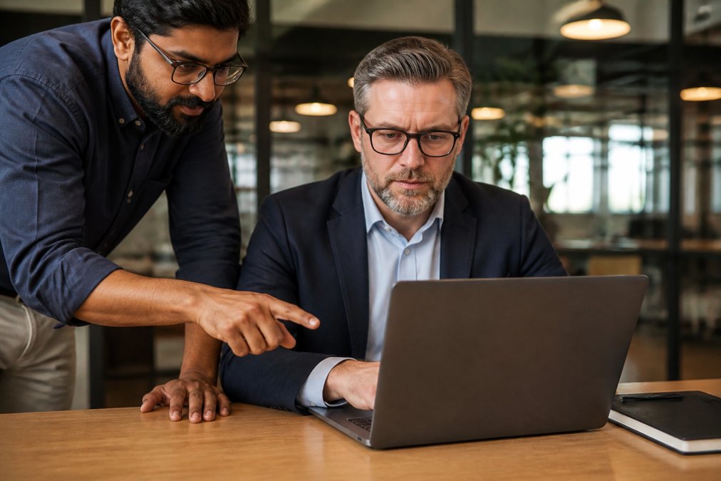 Security architect reviewing agent verification dashboards on a laptop in a modern office, colleague pointing at the screen, warm overhead lighting