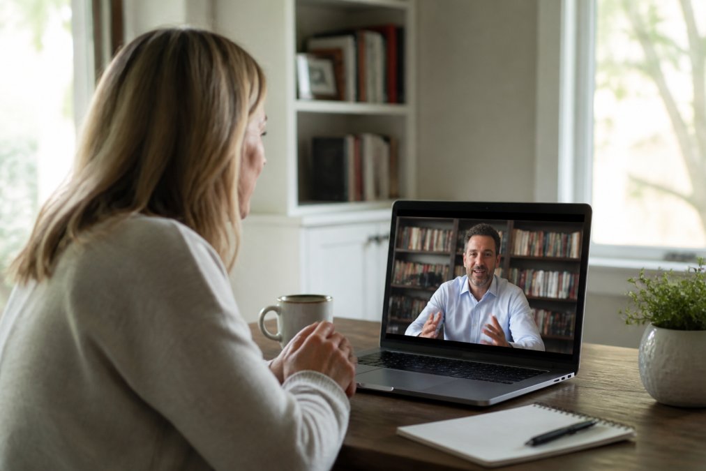 A warm, professional consultation scene with a female patient in her 40s talking to a physician via a laptop screen in a bright home office, both appearing engaged and supportive